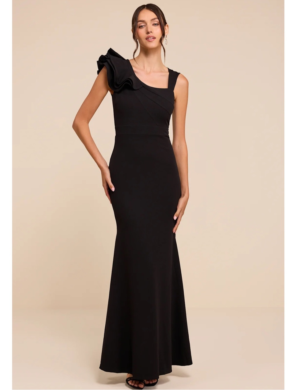 Lulus Lucette Black Sleeveless Ruffled Mermaid Crepe Knit Maxi Dress Event NWT M